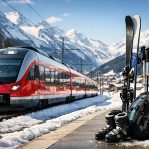 A red and white train at a snowy mountain station platform, with skis, poles, boots and a backpack waiting beside it.