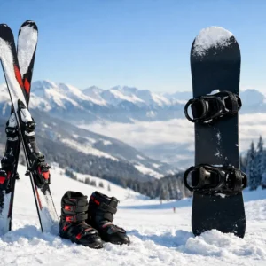 Skiing vs Snowboarding Holiday: Which Fits? Skis, poles, boots and a snowboard stand upright in fresh snow on a mountainside, with snow-capped peaks and evergreen trees behind.