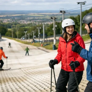 Two helmeted skiers in red and blue jackets chat at the top of a dry ski slope, with other skiers descending the matting and rolling countryside beyond.