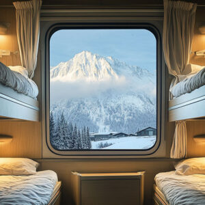 Packages released for Winter 2026/27 ski holidays to France A sleeper train cabin with four bunk beds frames a large window showing a snow-capped mountain, pine trees and a distant building.