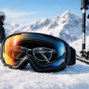 Black ski goggles with reflective orange and blue mirrored lenses sit on snow, with ski poles and a blurred skier in the background.