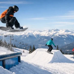 Best Snowboard Holidays with Terrain Park A snowboarder in an orange jacket launches off a rail while two others ride jumps, set against snowy mountains and a chairlift.