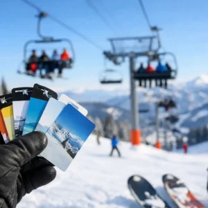 Guide to Ski Lift Passes for Smarter Trips A gloved hand holds a fan of colour swatches and mountain-themed sample cards, with a ski lift, snow slopes and distant peaks behind.