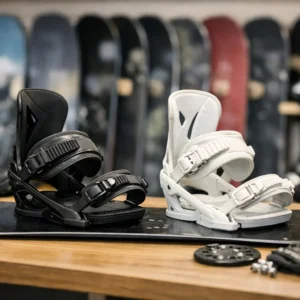How to Choose Snowboard Bindings A black and a white snowboard binding sit on a board on a wooden bench, with mounting hardware nearby and a blurred snowboard shop in the background.