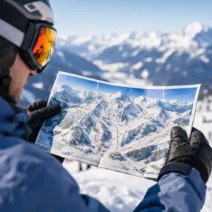 How to Read Piste Maps Properly A skier in a helmet and goggles studies a piste map against a backdrop of snow-covered mountains and a chairlift.