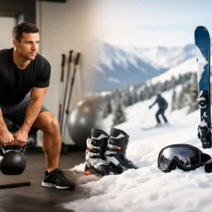 How to Train for Skiing Before Your Trip A man performs a kettlebell squat in a gym beside skis, boots, goggles and gloves arranged in snow against a mountain backdrop.