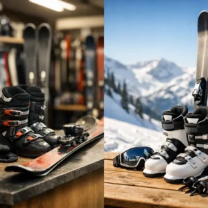 Ski Hire vs Buying: Which Makes Sense? Split scene showing snowboard boots and helmet indoors on a bench, and skis with boots and goggles outdoors against snowy mountains.