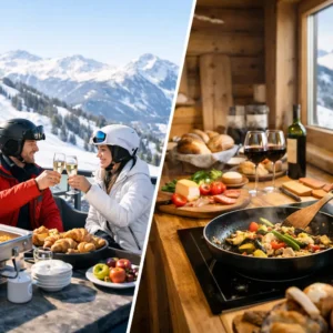 Ski Package vs Self Catering: Which Wins? Two skiers toast with champagne on a mountain terrace beside a buffet, while someone stirs vegetables in a cabin.