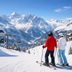 Two skiers pause on a snowy slope overlooking a vast alpine valley with snow-capped peaks, a cable car, and a distant village.