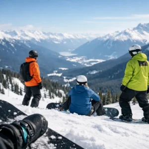 Snowboard Destination Guide for Every Rider Three snowboarders pause on a snowy ridge, gazing out over a vast valley framed by distant snow-capped peaks beneath a clear blue sky.
