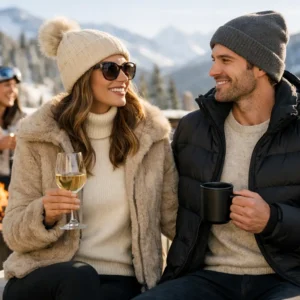 What to Wear Apres Ski Without Getting It Wrong A smiling couple in winter gear share drinks beside a fire pit, with snow-covered mountains and other revellers behind them.