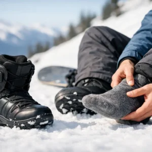Why Do Snowboard Boots Hurt? A person in a blue jacket sits in the snow pulling on a thick grey wool sock, beside a black snowboard boot and a snowboard on a mountain slope.