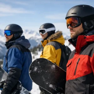 Best Snowboard Jackets for Men in 2026 Three snowboarders in helmets, goggles and brightly coloured jackets stand holding their snowboards against a backdrop of snow-capped mountains.