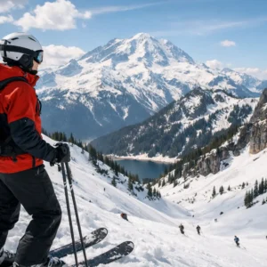 Can You Ski in April? Yes - If You Pick Well A skier in a red jacket and white helmet gazes at skiers descending a snowy slope below a jagged peak and alpine lake.