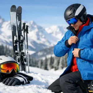 How to Dress for Skiing Properly A skier zips up a blue jacket beside skis, gloves, a helmet, goggles, and ski boots resting in the snow with mountains behind.