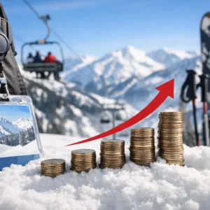 Why Ski Pass Price Increases Keep Coming Stacks of coins rising in ascending order with a red upward arrow sit in snow beside skis, ski poles, a backpack, and a lift pass against a mountain backdrop.